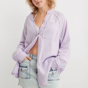 Aerie Gauzy Long Sleeve Button Up Coverup Top Tunic Violet Flurry Lavender Small